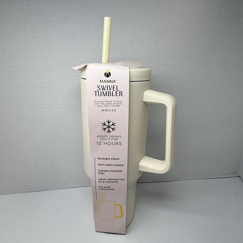 MANNA Easy Carry Handle Stainless Steel Tumbler Vanilla 40 Oz Reusable Straw New